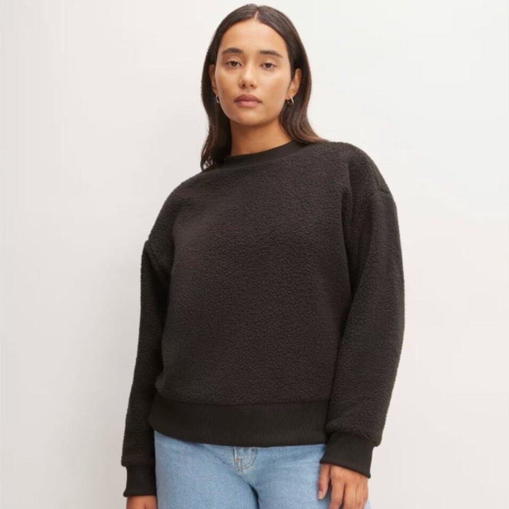 NWT Everlane Fuzzy Fleece Teddy Oversized Crew Neck Black Winter Sweater